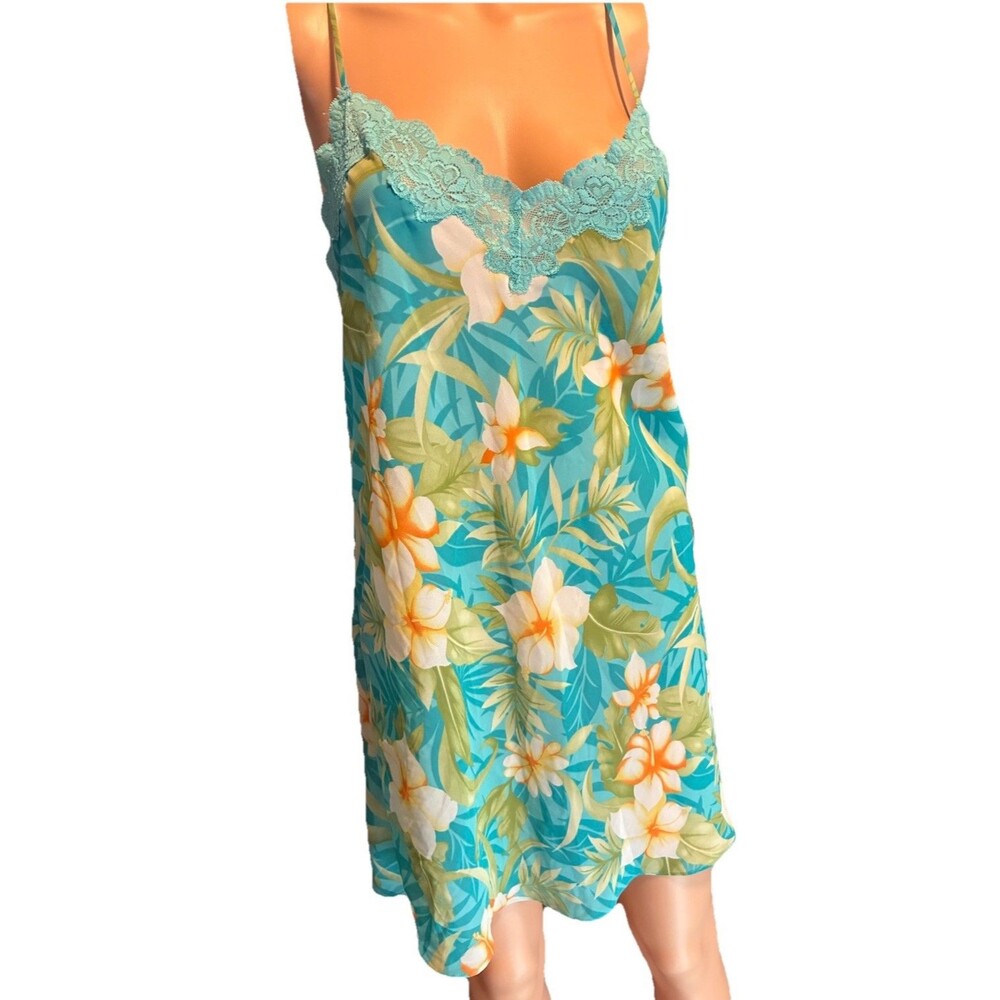 Valerie Stevens Intimates Blue Yellow Midi Nightgown Slip Dress Lace Women's S